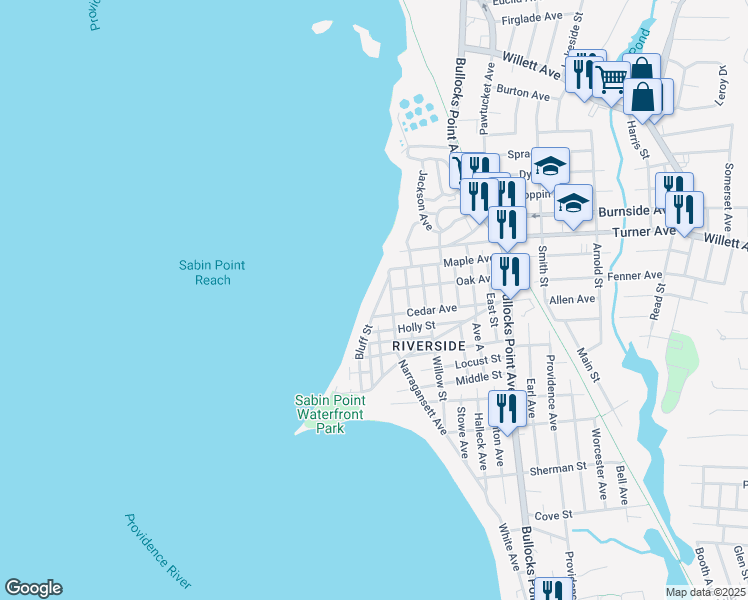 map of restaurants, bars, coffee shops, grocery stores, and more near 31 Bluff Street in East Providence