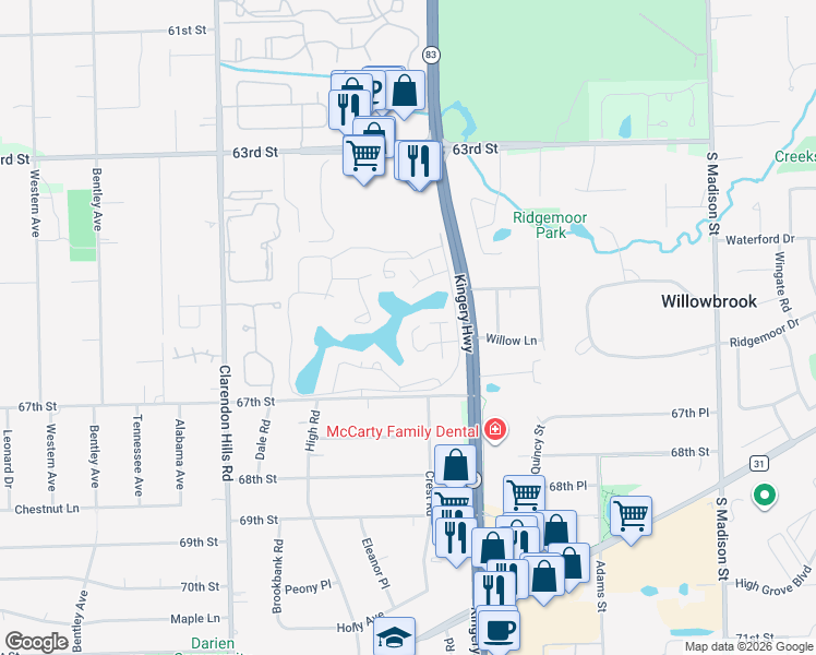 map of restaurants, bars, coffee shops, grocery stores, and more near 12 Kyle Court in Willowbrook