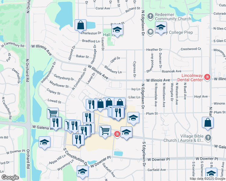 map of restaurants, bars, coffee shops, grocery stores, and more near 1921 Ivy Lane in Aurora