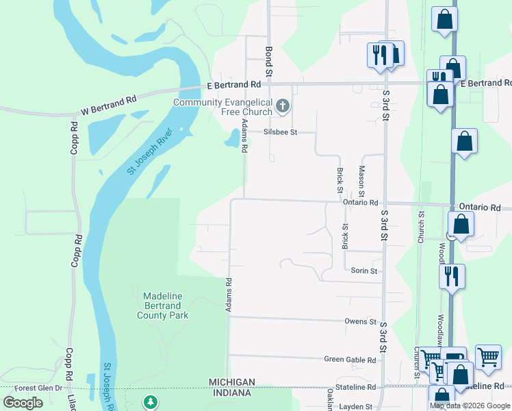 map of restaurants, bars, coffee shops, grocery stores, and more near 106 Ontario Road in Niles
