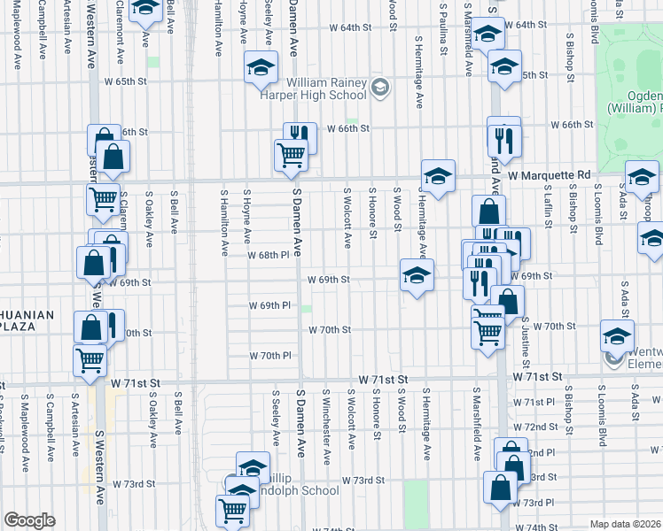 map of restaurants, bars, coffee shops, grocery stores, and more near 6845 S Winchester Ave in Chicago