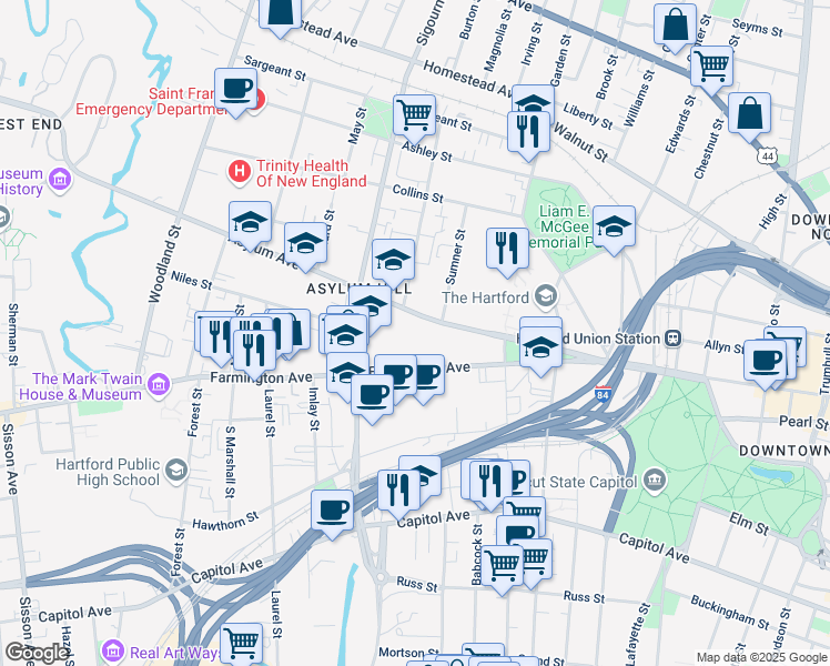 map of restaurants, bars, coffee shops, grocery stores, and more near 809 Asylum Avenue in Hartford