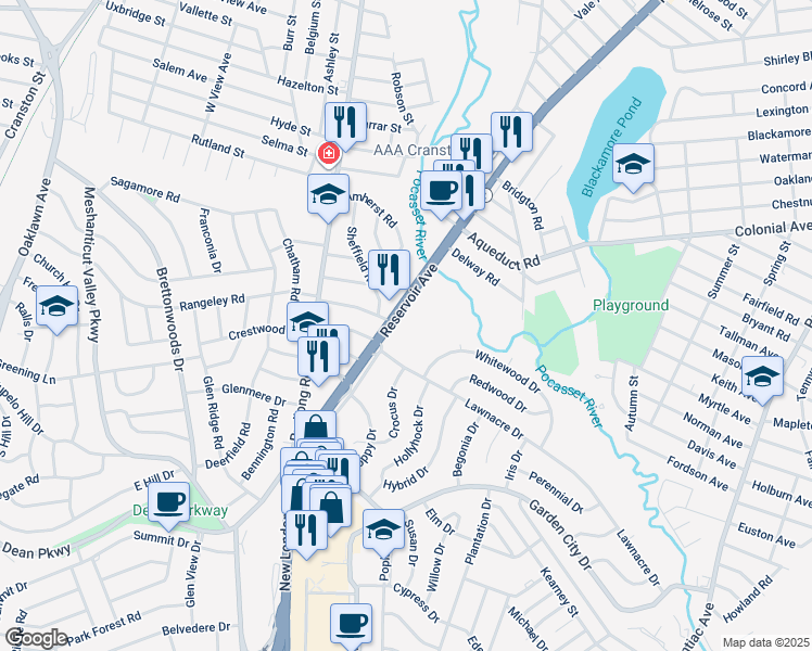 map of restaurants, bars, coffee shops, grocery stores, and more near 1193 Reservoir Avenue in Cranston