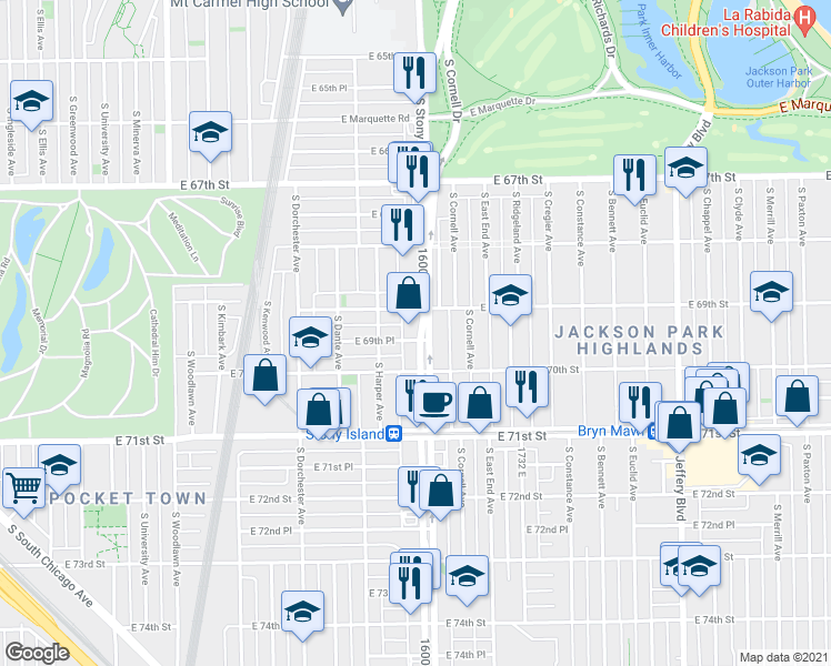 map of restaurants, bars, coffee shops, grocery stores, and more near 6922 S Stony Island Ave in Chicago