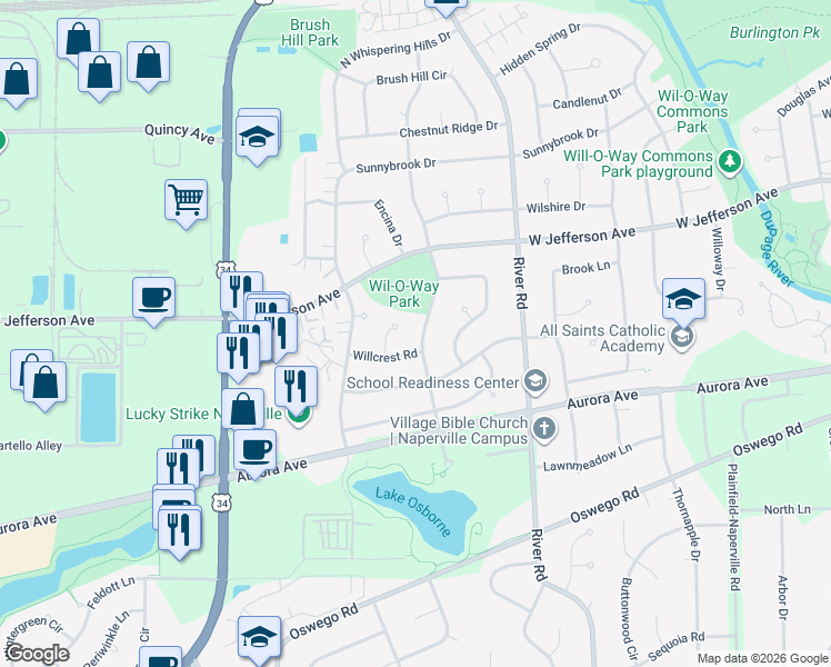 map of restaurants, bars, coffee shops, grocery stores, and more near 333 South Birchwood Drive in Naperville