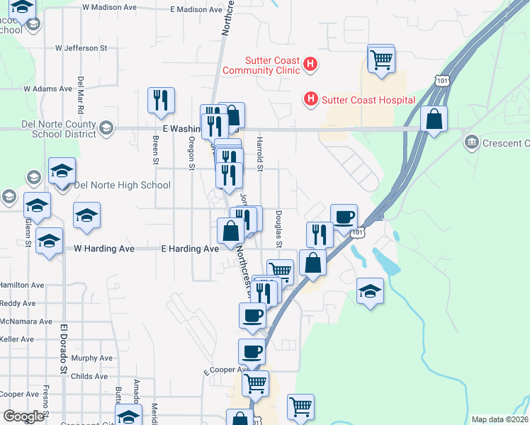 map of restaurants, bars, coffee shops, grocery stores, and more near 609 East Coolidge Avenue in Crescent City