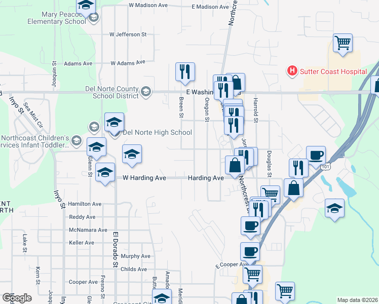 map of restaurants, bars, coffee shops, grocery stores, and more near 127 East Coolidge Avenue in Crescent City