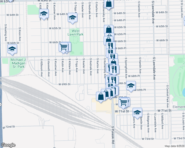 map of restaurants, bars, coffee shops, grocery stores, and more near 6817 South Kedvale Avenue in Chicago