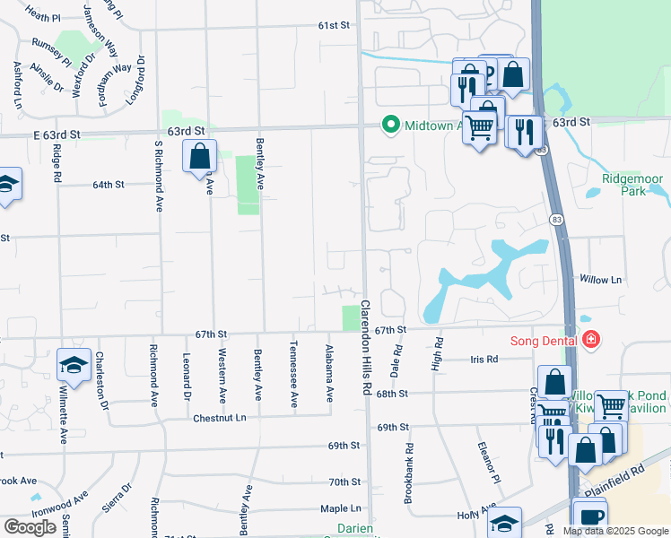 map of restaurants, bars, coffee shops, grocery stores, and more near 321 Arabian Circle in Willowbrook