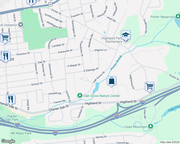 map of restaurants, bars, coffee shops, grocery stores, and more near 94 East Eldridge Street in Manchester