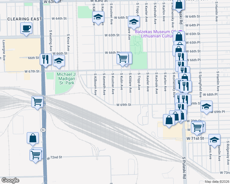 map of restaurants, bars, coffee shops, grocery stores, and more near 6815 South Kostner Avenue in Chicago