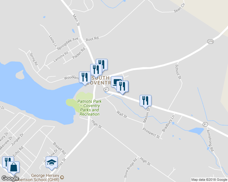 map of restaurants, bars, coffee shops, grocery stores, and more near 1276 Main Street in Coventry