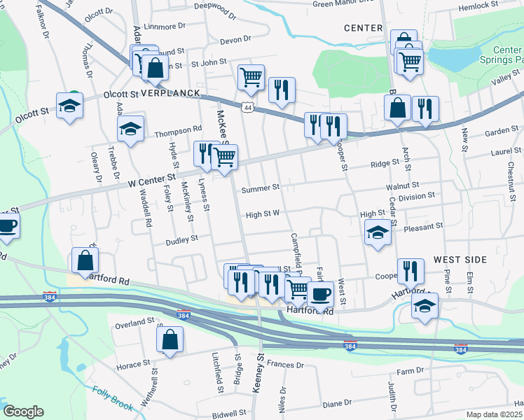 map of restaurants, bars, coffee shops, grocery stores, and more near 249 High Street in Manchester