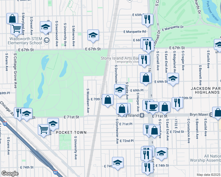 map of restaurants, bars, coffee shops, grocery stores, and more near 6931 South Dorchester Avenue in Chicago