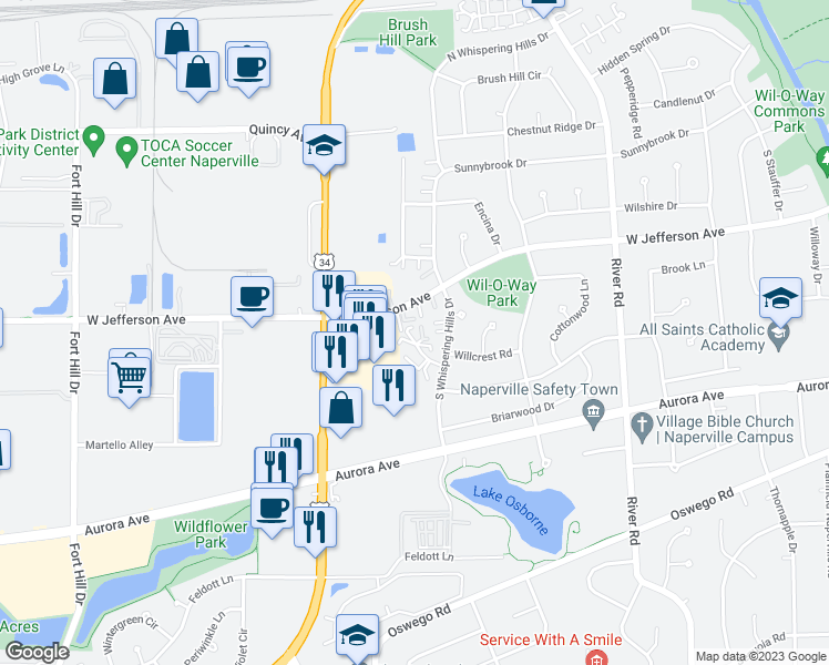 map of restaurants, bars, coffee shops, grocery stores, and more near 1509 Georgia Court in Naperville