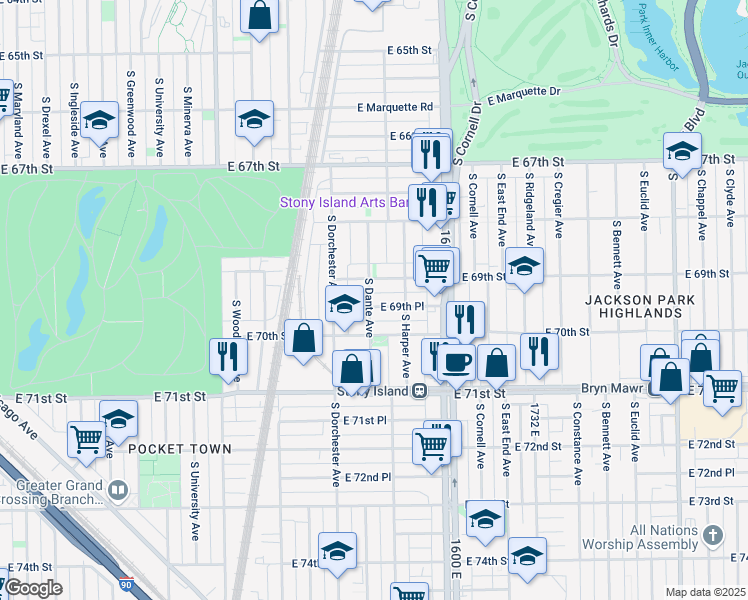 map of restaurants, bars, coffee shops, grocery stores, and more near 6923 South Dante Avenue in Chicago