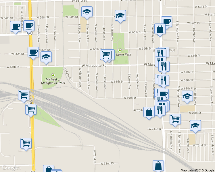 map of restaurants, bars, coffee shops, grocery stores, and more near 6813 S Kolin Ave in Chicago