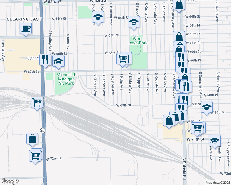 map of restaurants, bars, coffee shops, grocery stores, and more near 6815 South Kostner Avenue in Chicago