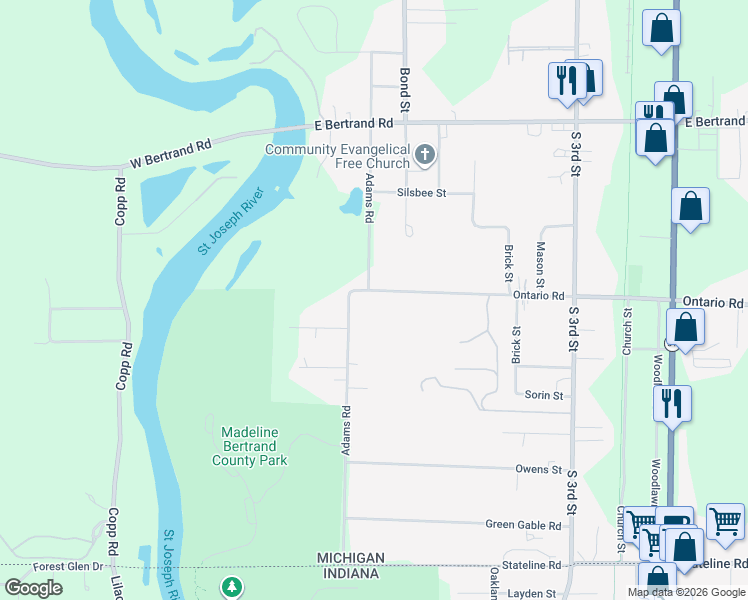 map of restaurants, bars, coffee shops, grocery stores, and more near 106 Ontario Road in Niles