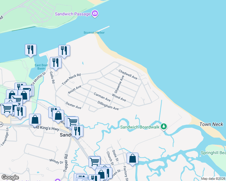 map of restaurants, bars, coffee shops, grocery stores, and more near 36 Tupper Avenue in Sandwich