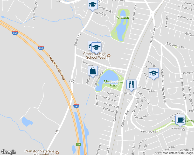 map of restaurants, bars, coffee shops, grocery stores, and more near 160 Lake View Road in Cranston