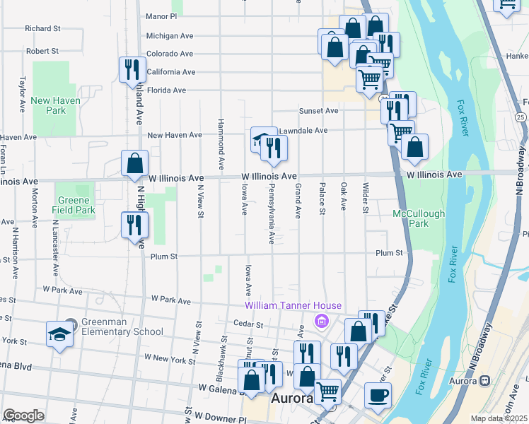 map of restaurants, bars, coffee shops, grocery stores, and more near 606 Pennsylvania Ave in Aurora