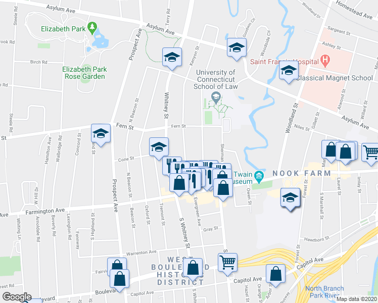 map of restaurants, bars, coffee shops, grocery stores, and more near 76 Kenyon Street in Hartford