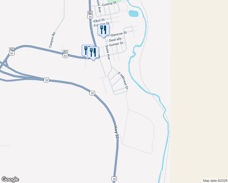 map of restaurants, bars, coffee shops, grocery stores, and more near 90 Twin Creek Street in Kemmerer