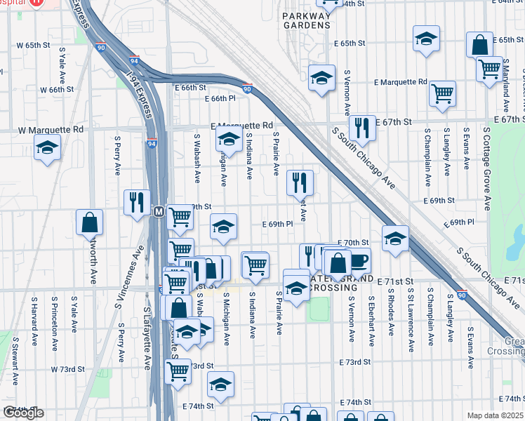 map of restaurants, bars, coffee shops, grocery stores, and more near 215 E 69th St in Chicago