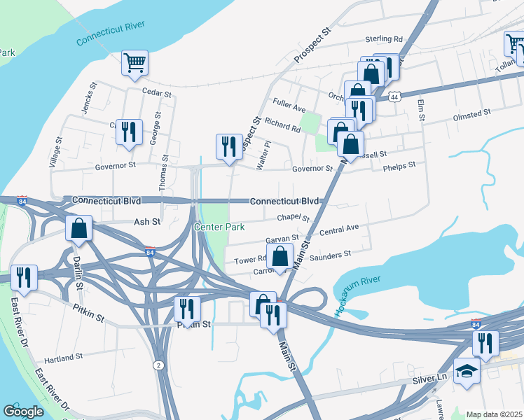 map of restaurants, bars, coffee shops, grocery stores, and more near 9 Ward Street in East Hartford
