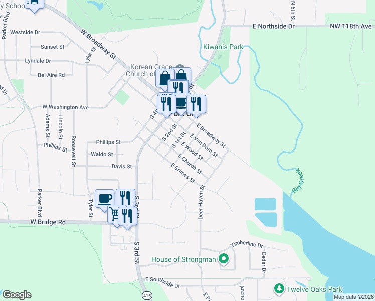 map of restaurants, bars, coffee shops, grocery stores, and more near 202 East Wood Street in Polk City