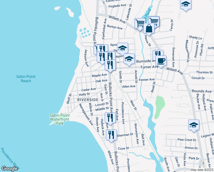 map of restaurants, bars, coffee shops, grocery stores, and more near 9 Cedar Avenue in East Providence