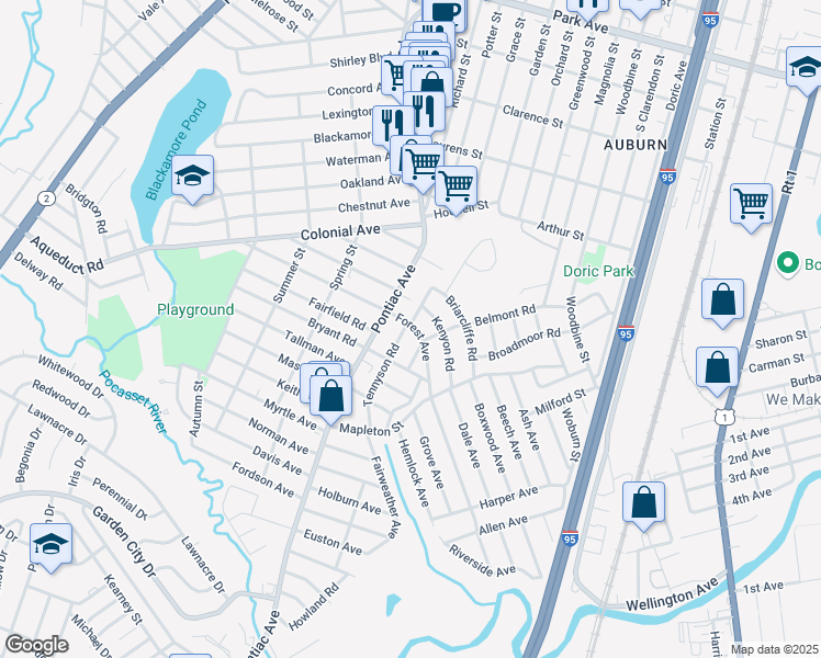 map of restaurants, bars, coffee shops, grocery stores, and more near 17 Forest Avenue in Cranston
