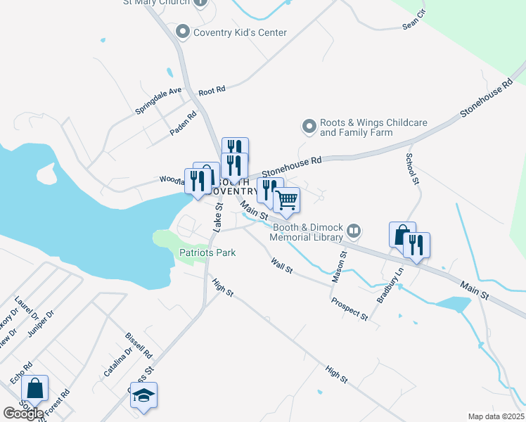map of restaurants, bars, coffee shops, grocery stores, and more near 1276 Main Street in Coventry