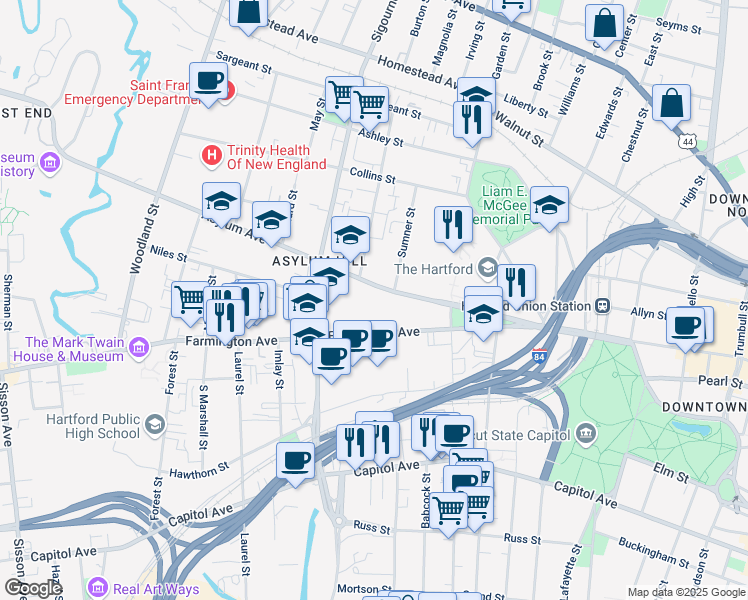 map of restaurants, bars, coffee shops, grocery stores, and more near 809 Asylum Avenue in Hartford