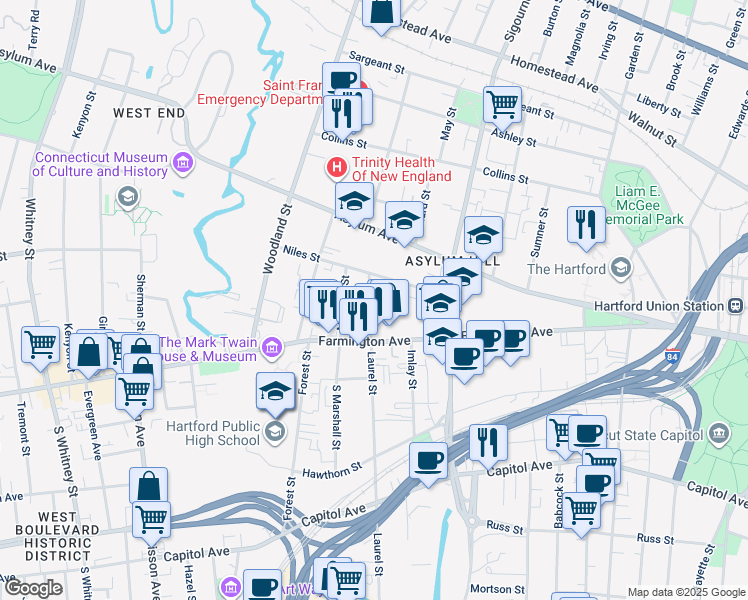 map of restaurants, bars, coffee shops, grocery stores, and more near 341 Laurel Street in Hartford