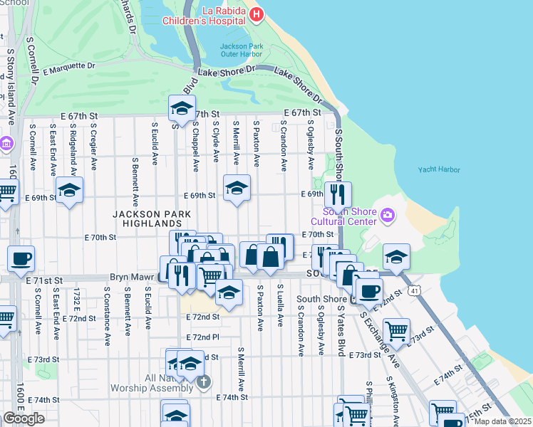 map of restaurants, bars, coffee shops, grocery stores, and more near 6917 South Paxton Avenue in Chicago