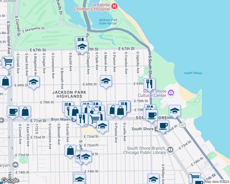 map of restaurants, bars, coffee shops, grocery stores, and more near 6917 South Paxton Avenue in Chicago