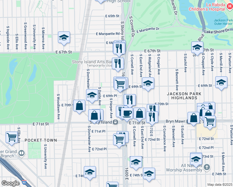 map of restaurants, bars, coffee shops, grocery stores, and more near 6922 South Stony Island Avenue in Chicago