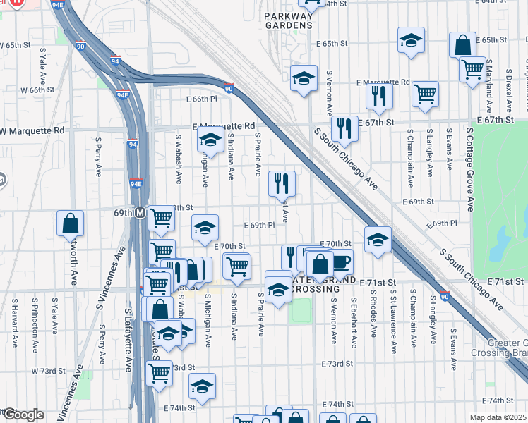 map of restaurants, bars, coffee shops, grocery stores, and more near 315 East 69th Street in Chicago