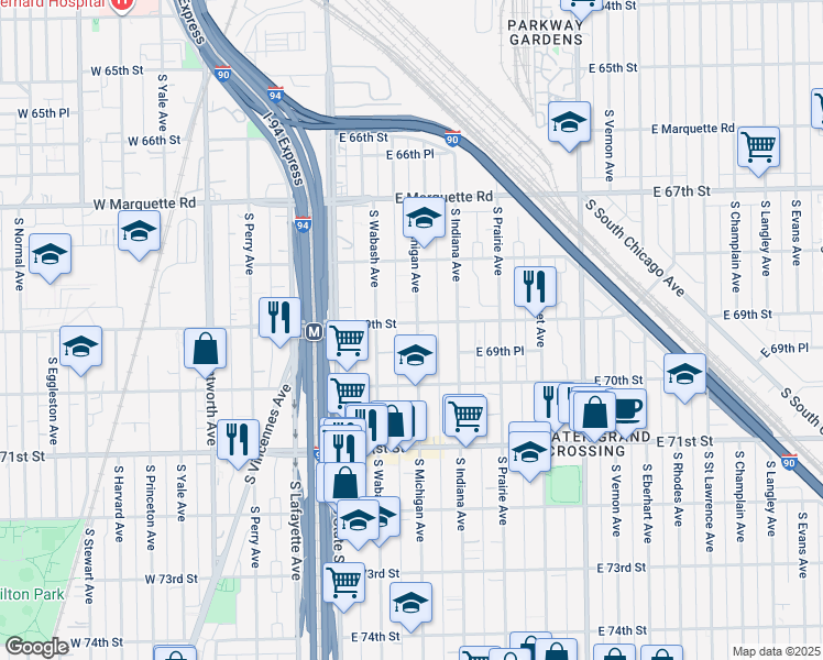 map of restaurants, bars, coffee shops, grocery stores, and more near 63 East 69th Street in Chicago