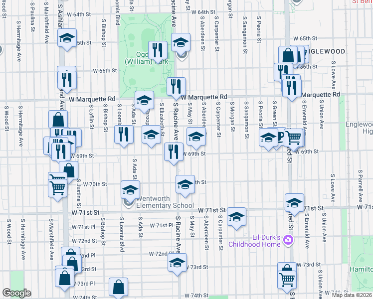 map of restaurants, bars, coffee shops, grocery stores, and more near 1154 West 69th Street in Chicago