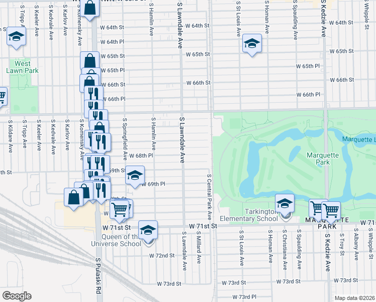 map of restaurants, bars, coffee shops, grocery stores, and more near 3626 West 68th Place in Chicago