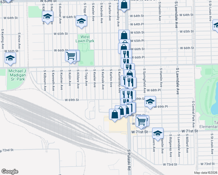 map of restaurants, bars, coffee shops, grocery stores, and more near 6817 South Kedvale Avenue in Chicago