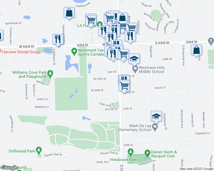 map of restaurants, bars, coffee shops, grocery stores, and more near 1440 Willow Lane in Westmont