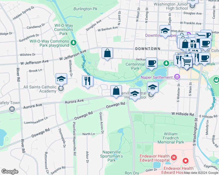 map of restaurants, bars, coffee shops, grocery stores, and more near 525 River Front Circle in Naperville