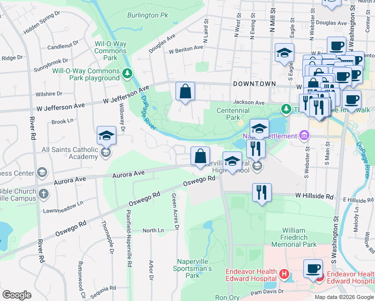 map of restaurants, bars, coffee shops, grocery stores, and more near 525 River Front Circle in Naperville