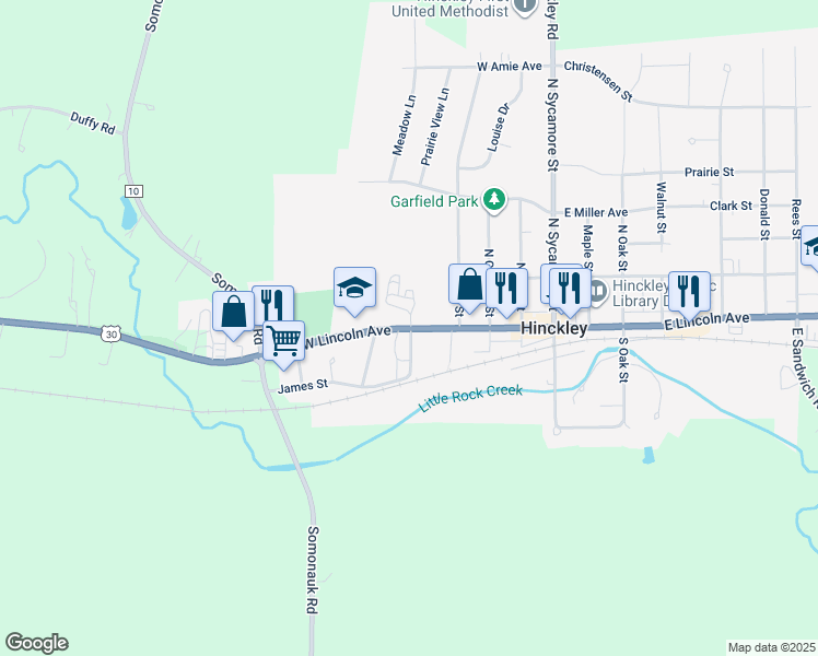 map of restaurants, bars, coffee shops, grocery stores, and more near 520 West Lincoln Avenue in Hinckley