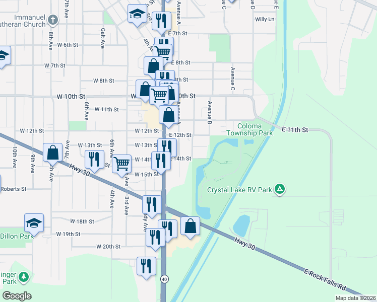 map of restaurants, bars, coffee shops, grocery stores, and more near 1303 Avenue A in Rock Falls