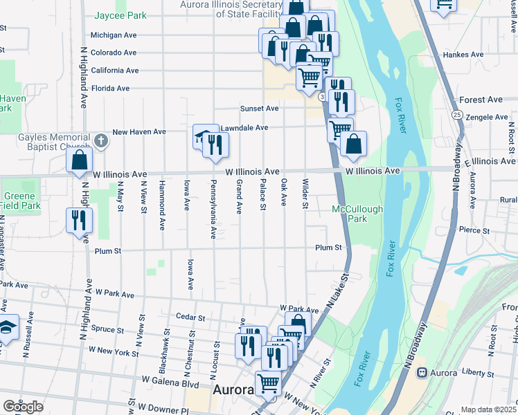 map of restaurants, bars, coffee shops, grocery stores, and more near 606 Palace Street in Aurora